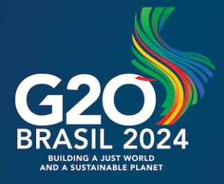 G20 Brazil logo - text: G20 Brazil 2024, Building a just world and a sustainable planet. design with wavy lines in green, yellow, red and blue, hinting at the shape of Brazil as a country
