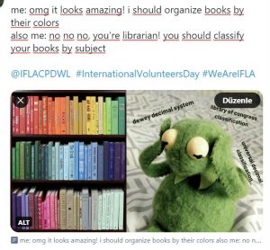 omg it looks amazing, i should organize books by their color. also me: no no no, you're a librarian, you should classify your books by subject. 