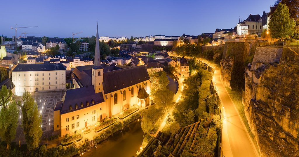 Panoramic view of Luxembourg city's Grund, at dusk, in 2010.